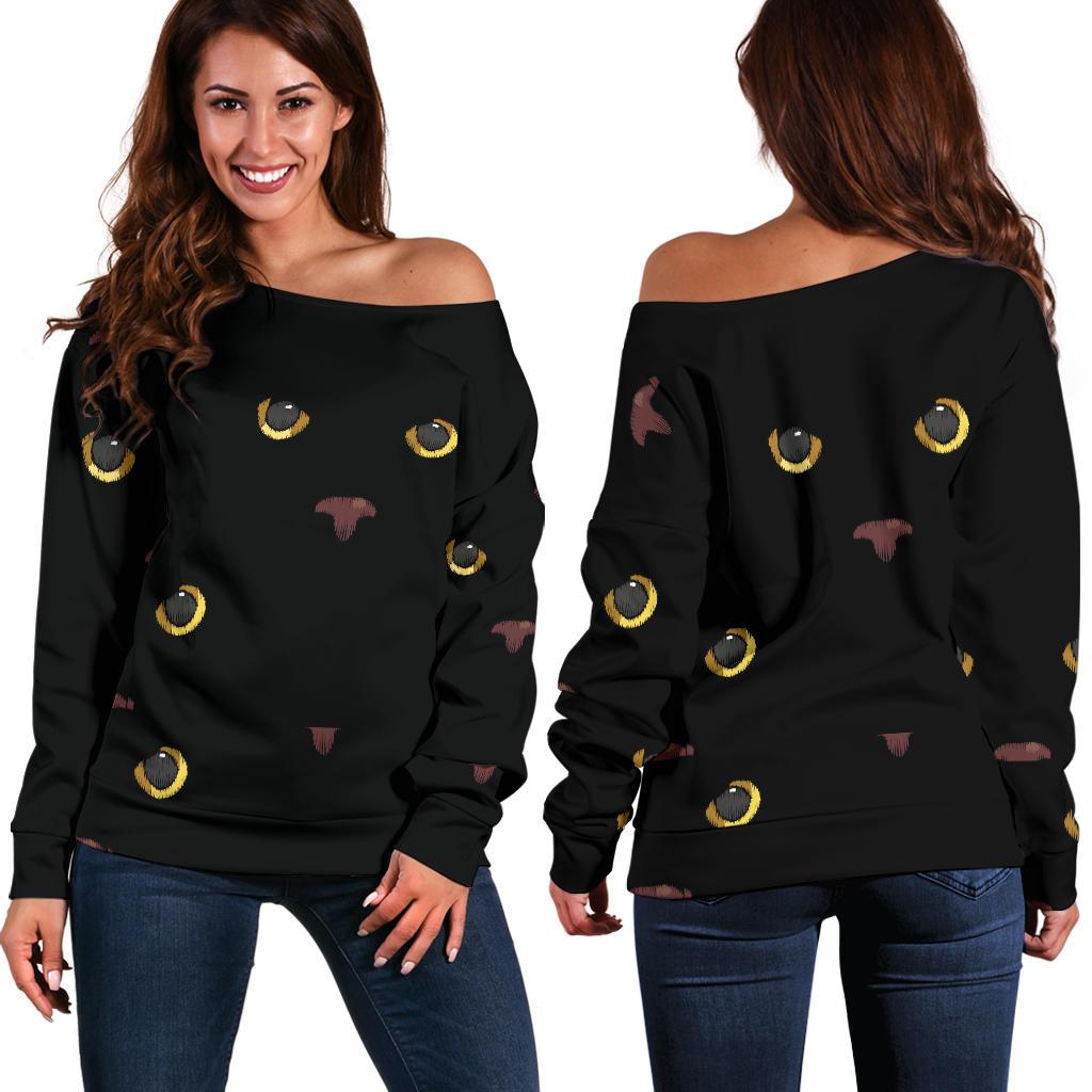 Black Cat Face Print Pattern Off Shoulder Sweatshirt