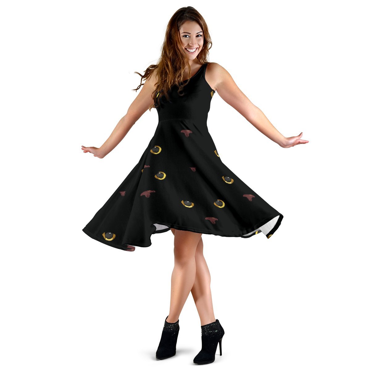 Black Cat Face Print Pattern Sleeveless Dress