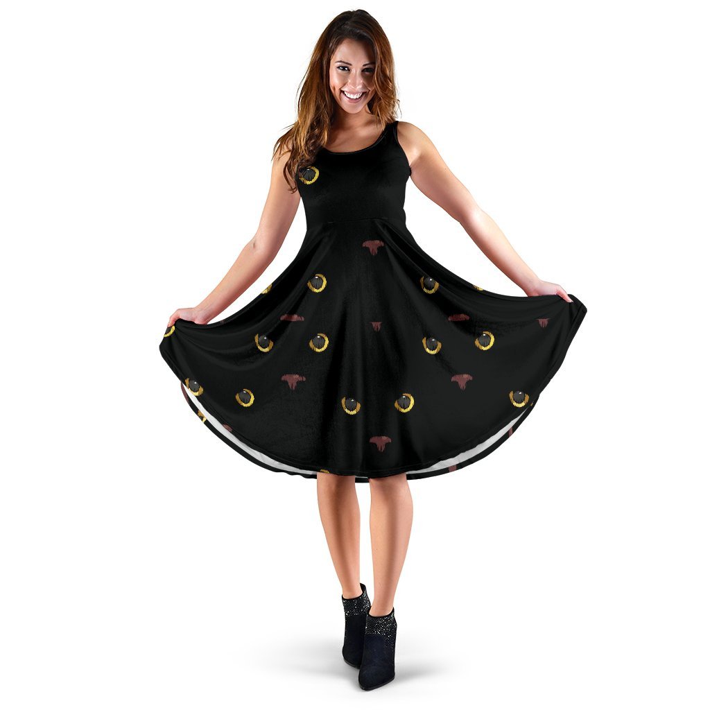 Black Cat Face Print Pattern Sleeveless Dress