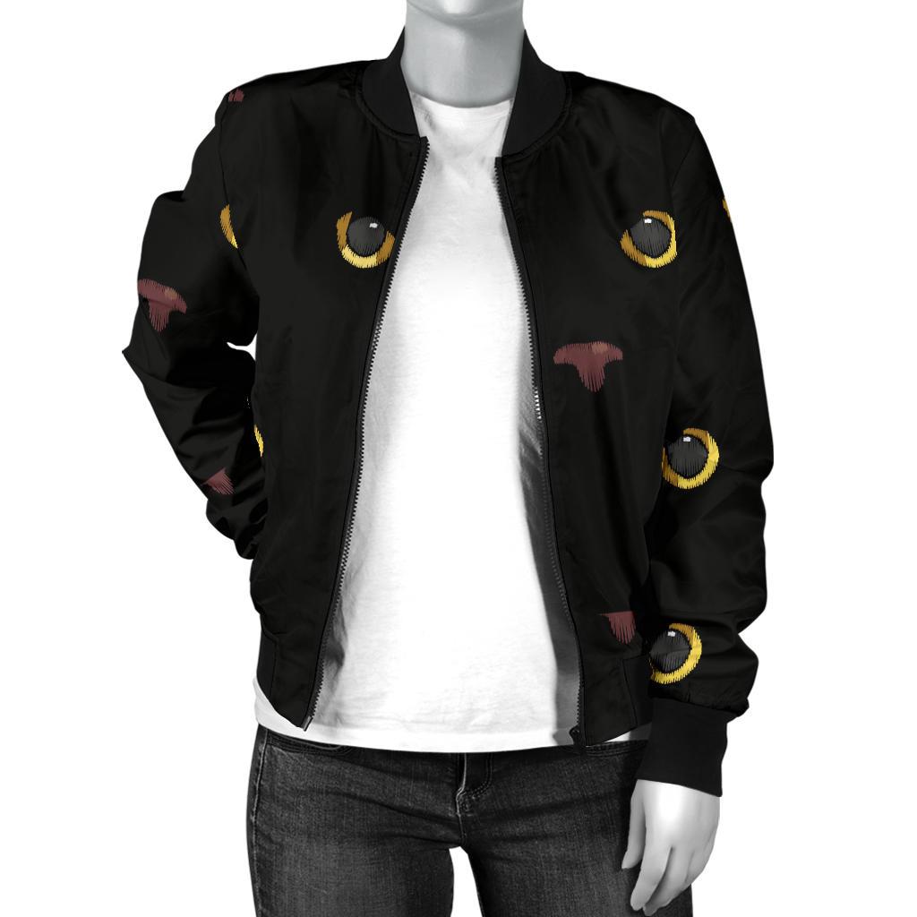 Black Cat Face Print Pattern Women Casual Bomber Jacket
