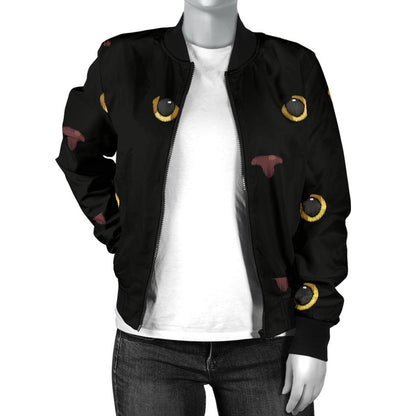 Black Cat Face Print Pattern Women Casual Bomber Jacket