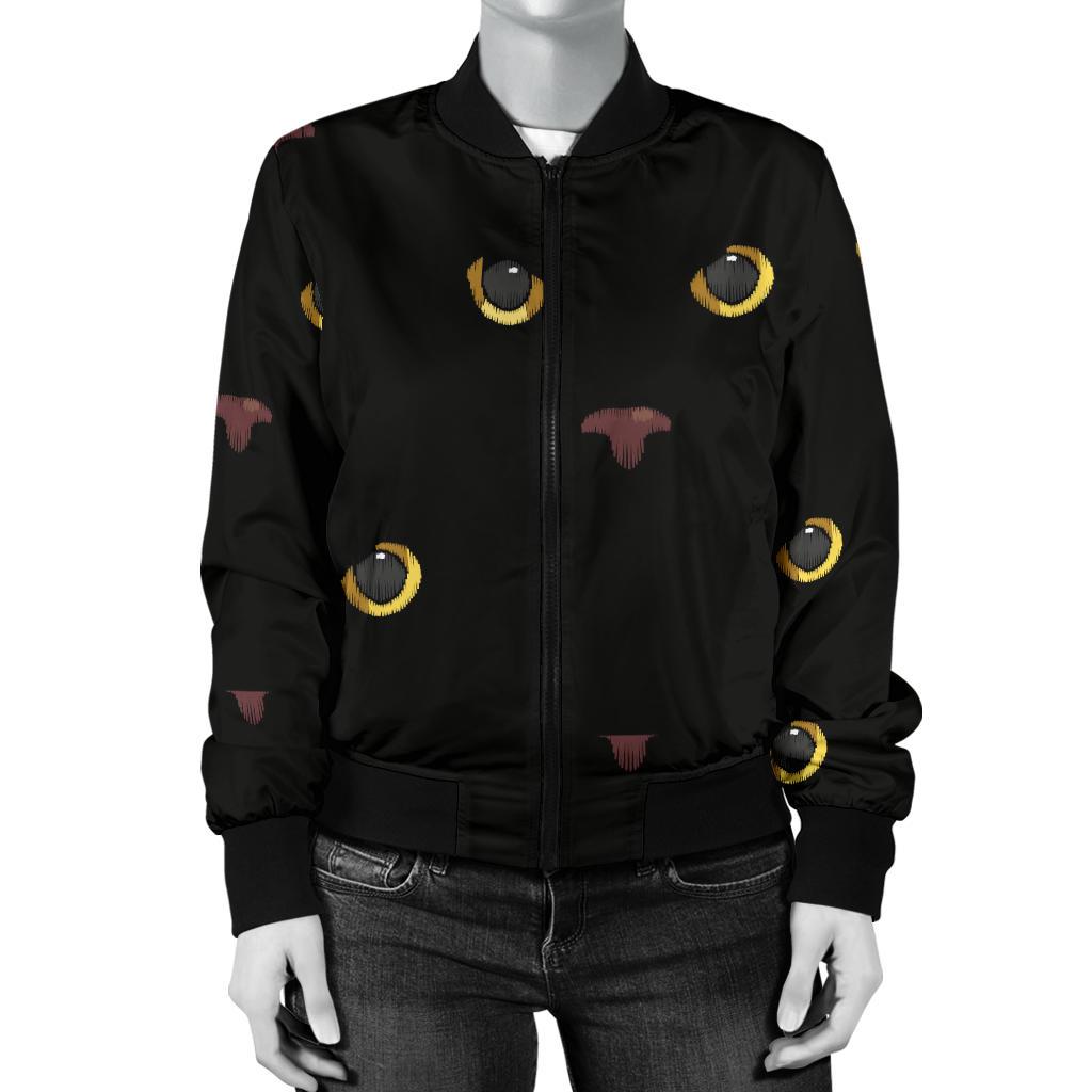 Black Cat Face Print Pattern Women Casual Bomber Jacket