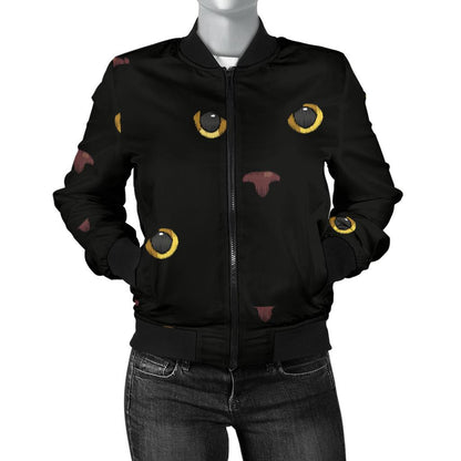 Black Cat Face Print Pattern Women Casual Bomber Jacket