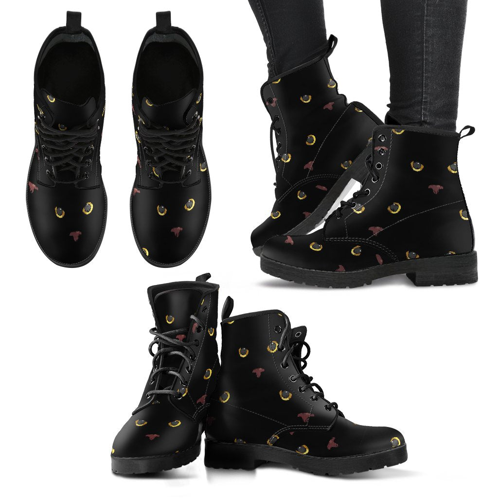 Black Cat Face Print Pattern Women Leather Boots-JTAMIGO.COM