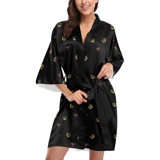 Black Cat Face Print Pattern Women Short Kimono Robe