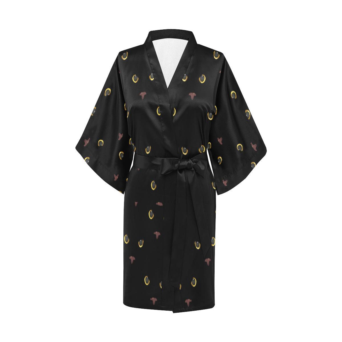 Black Cat Face Print Pattern Women Short Kimono Robe
