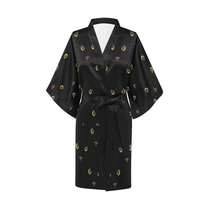 Black Cat Face Print Pattern Women Short Kimono Robe