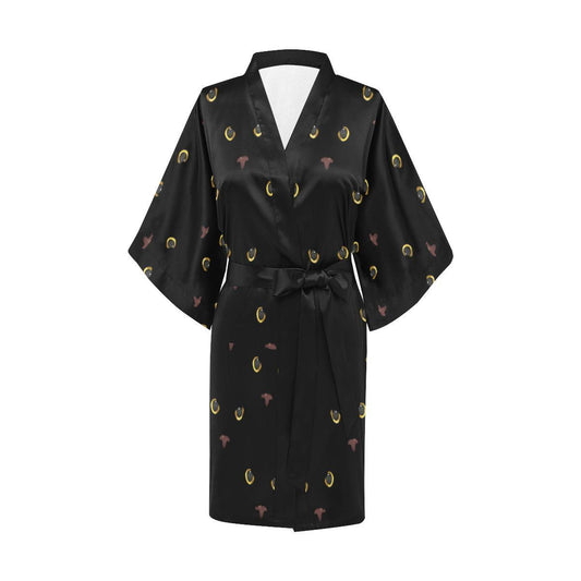 Black Cat Face Print Pattern Women Short Kimono Robe