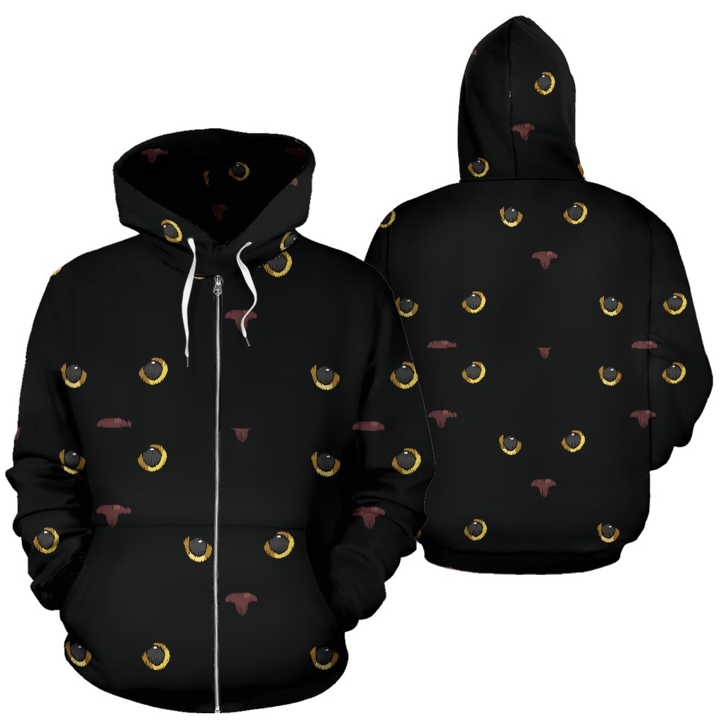 Black Cat Face Print Pattern Zip Up Hoodie