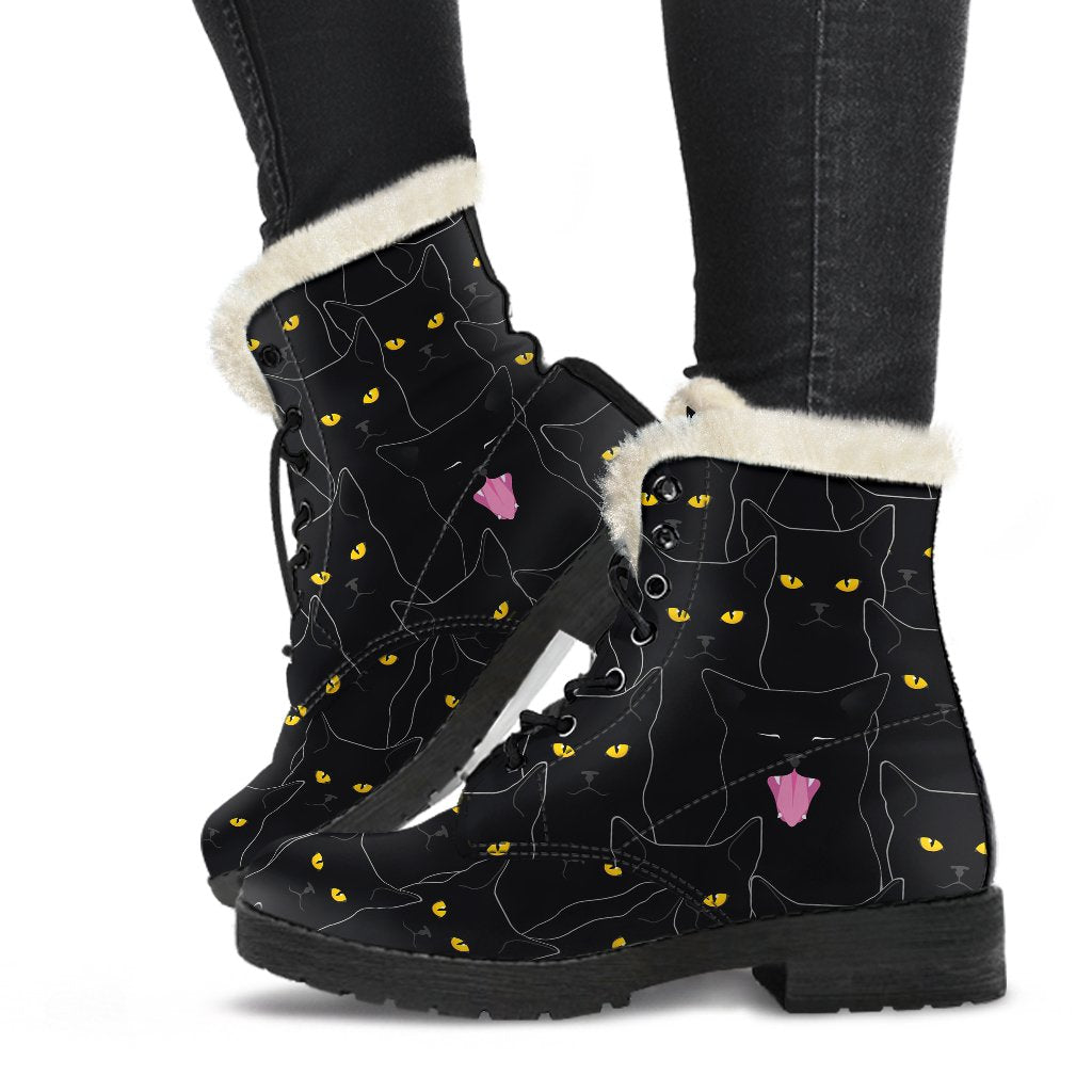 Black Cat Yellow Eyes Print Pattern Faux Fur Leather Boots-JTAMIGO.COM
