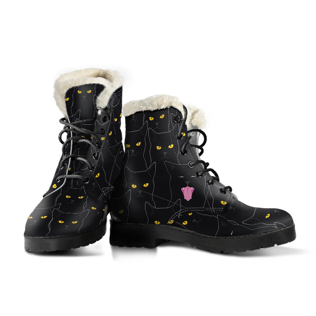 Black Cat Yellow Eyes Print Pattern Faux Fur Leather Boots-JTAMIGO.COM
