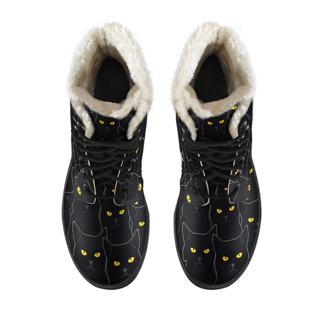 Black Cat Yellow Eyes Print Pattern Faux Fur Leather Boots-JTAMIGO.COM