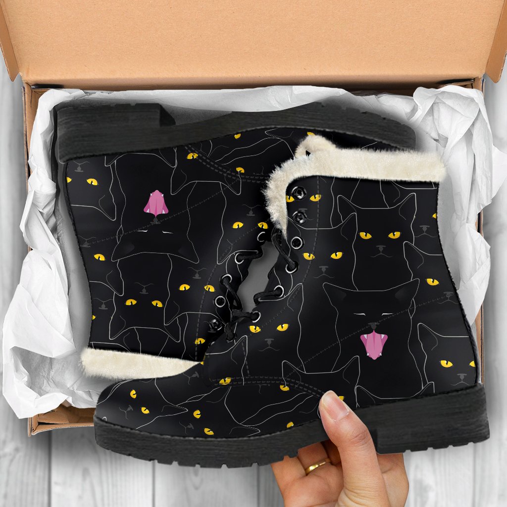 Black Cat Yellow Eyes Print Pattern Faux Fur Leather Boots-JTAMIGO.COM