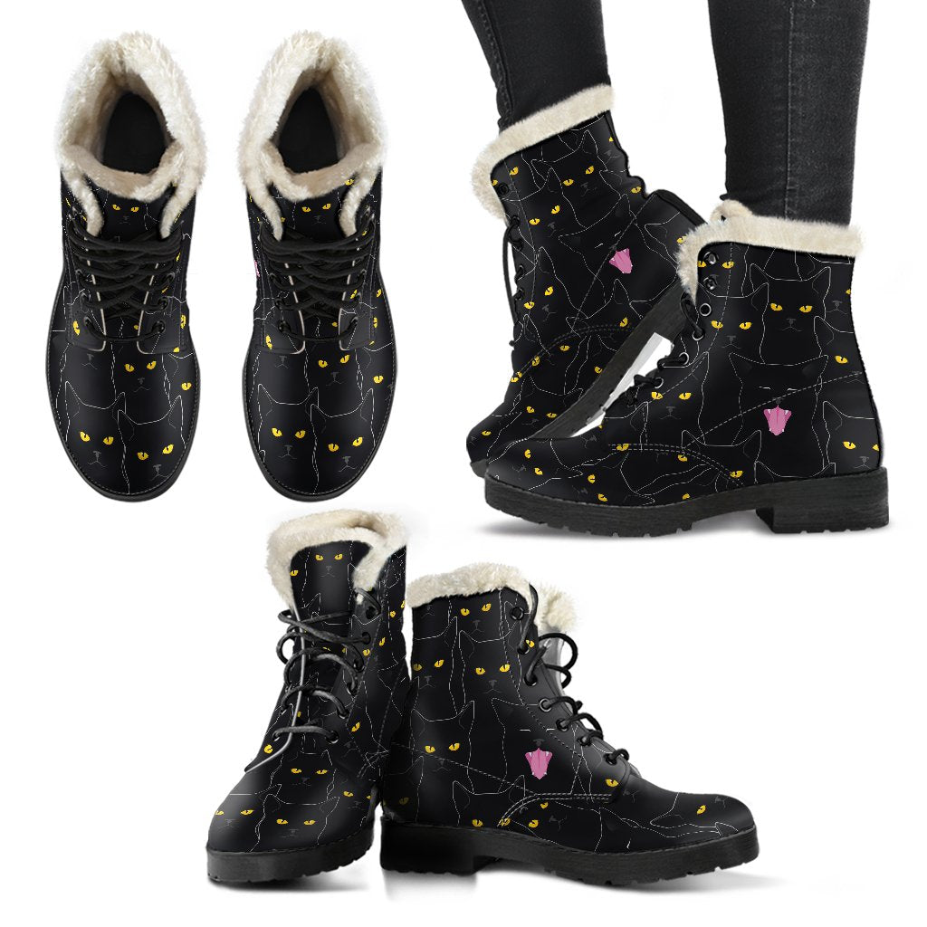 Black Cat Yellow Eyes Print Pattern Faux Fur Leather Boots-JTAMIGO.COM