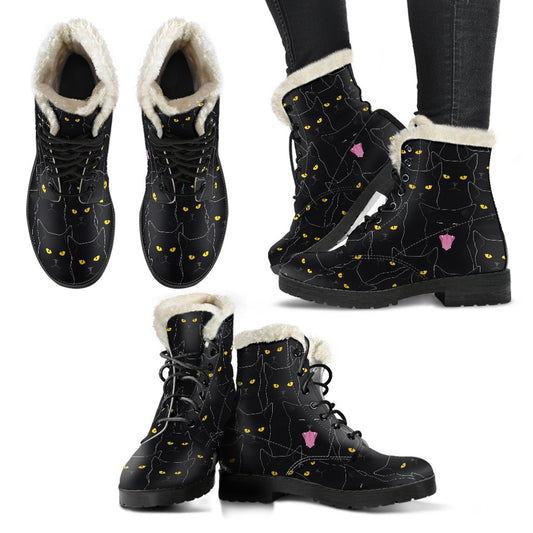 Black Cat Yellow Eyes Print Pattern Faux Fur Leather Boots-JTAMIGO.COM