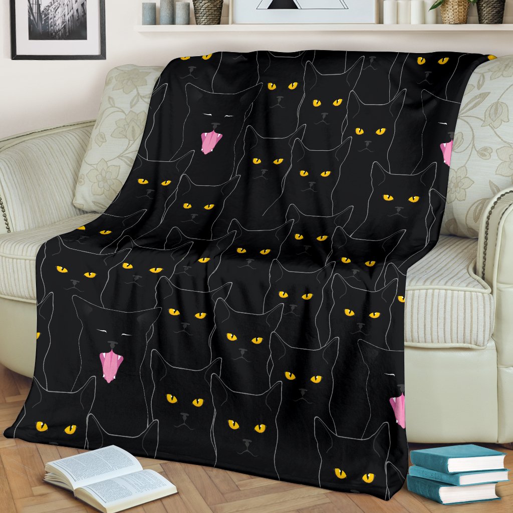 Black Cat Yellow Eyes Print Pattern Fleece Blanket
