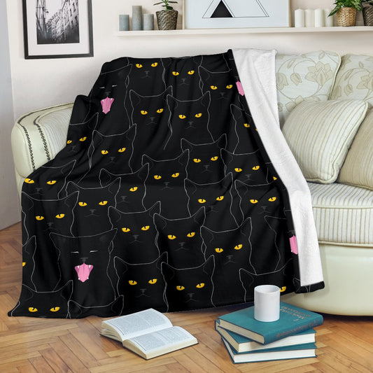Black Cat Yellow Eyes Print Pattern Fleece Blanket