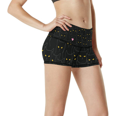 Black Cat Yellow Eyes Print Pattern High Waisted Spandex Shorts-JTAMIGO.COM