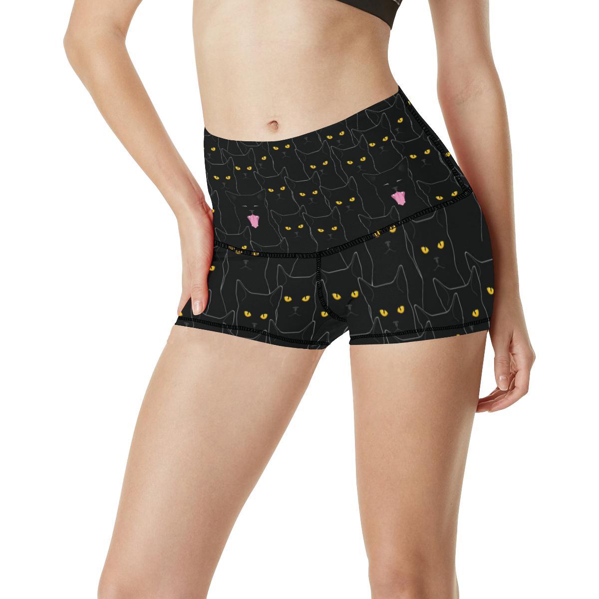 Black Cat Yellow Eyes Print Pattern High Waisted Spandex Shorts-JTAMIGO.COM