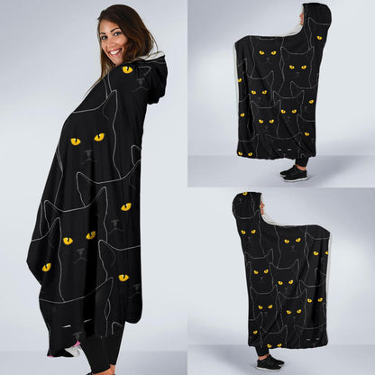 Black Cat Yellow Eyes Print Pattern Hooded Blanket-JTAMIGO.COM
