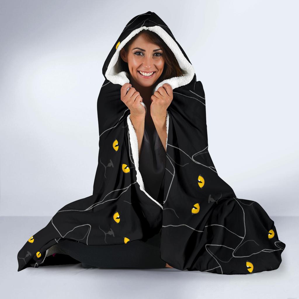 Black Cat Yellow Eyes Print Pattern Hooded Blanket-JTAMIGO.COM