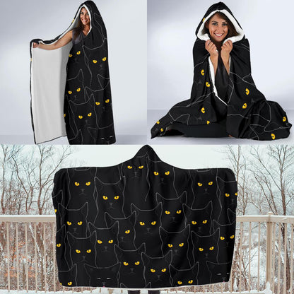 Black Cat Yellow Eyes Print Pattern Hooded Blanket-JTAMIGO.COM