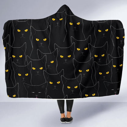 Black Cat Yellow Eyes Print Pattern Hooded Blanket-JTAMIGO.COM