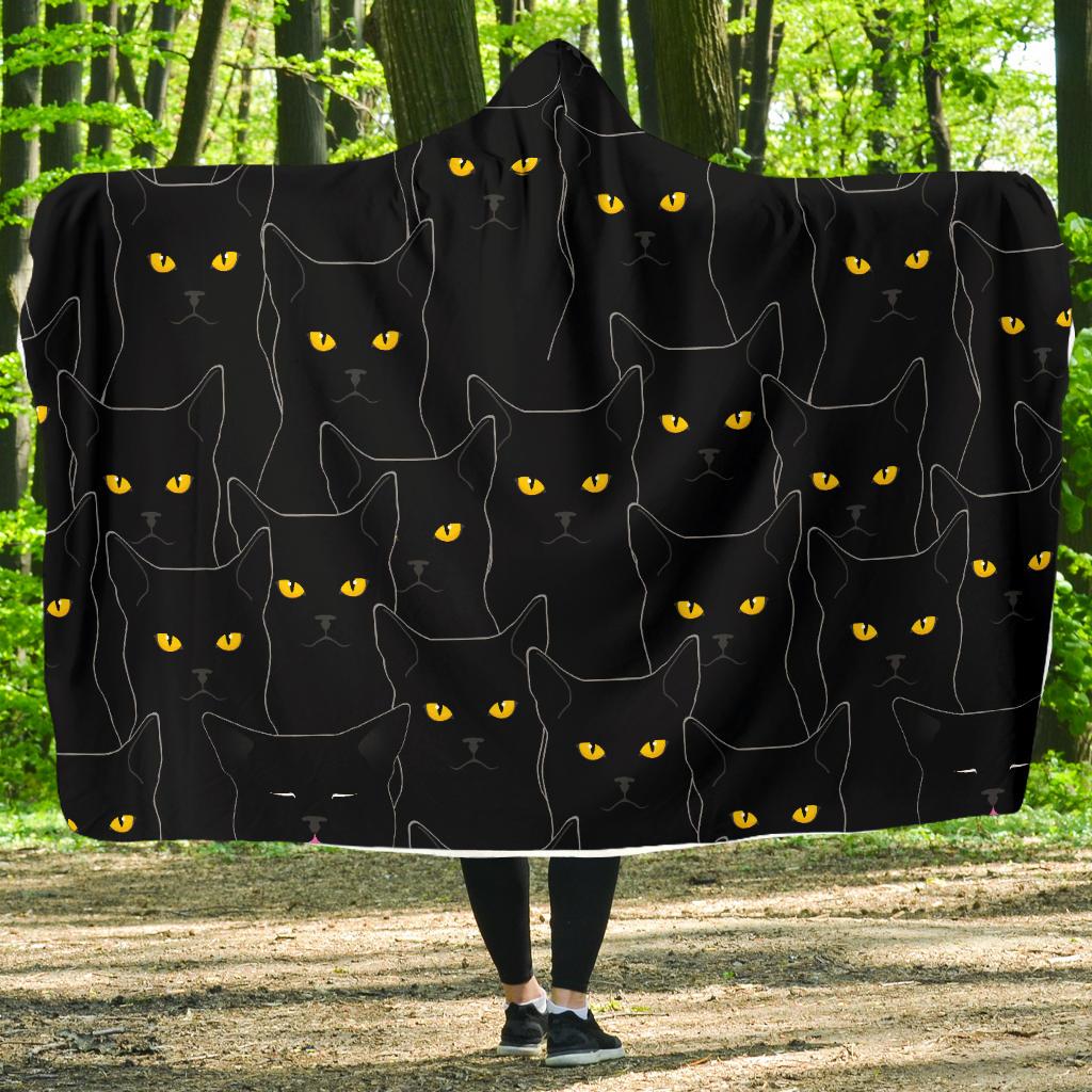 Black Cat Yellow Eyes Print Pattern Hooded Blanket-JTAMIGO.COM