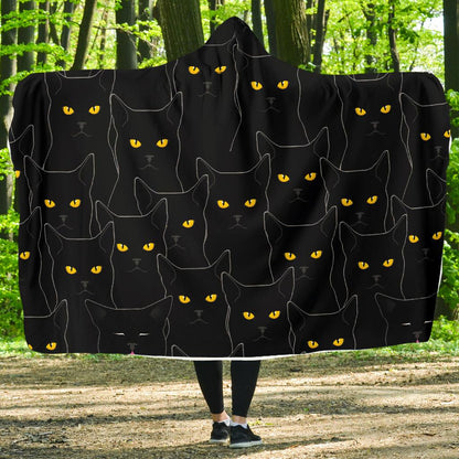 Black Cat Yellow Eyes Print Pattern Hooded Blanket-JTAMIGO.COM