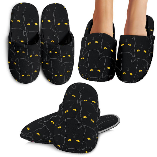 Black Cat Yellow Eyes Print Pattern House Slippers