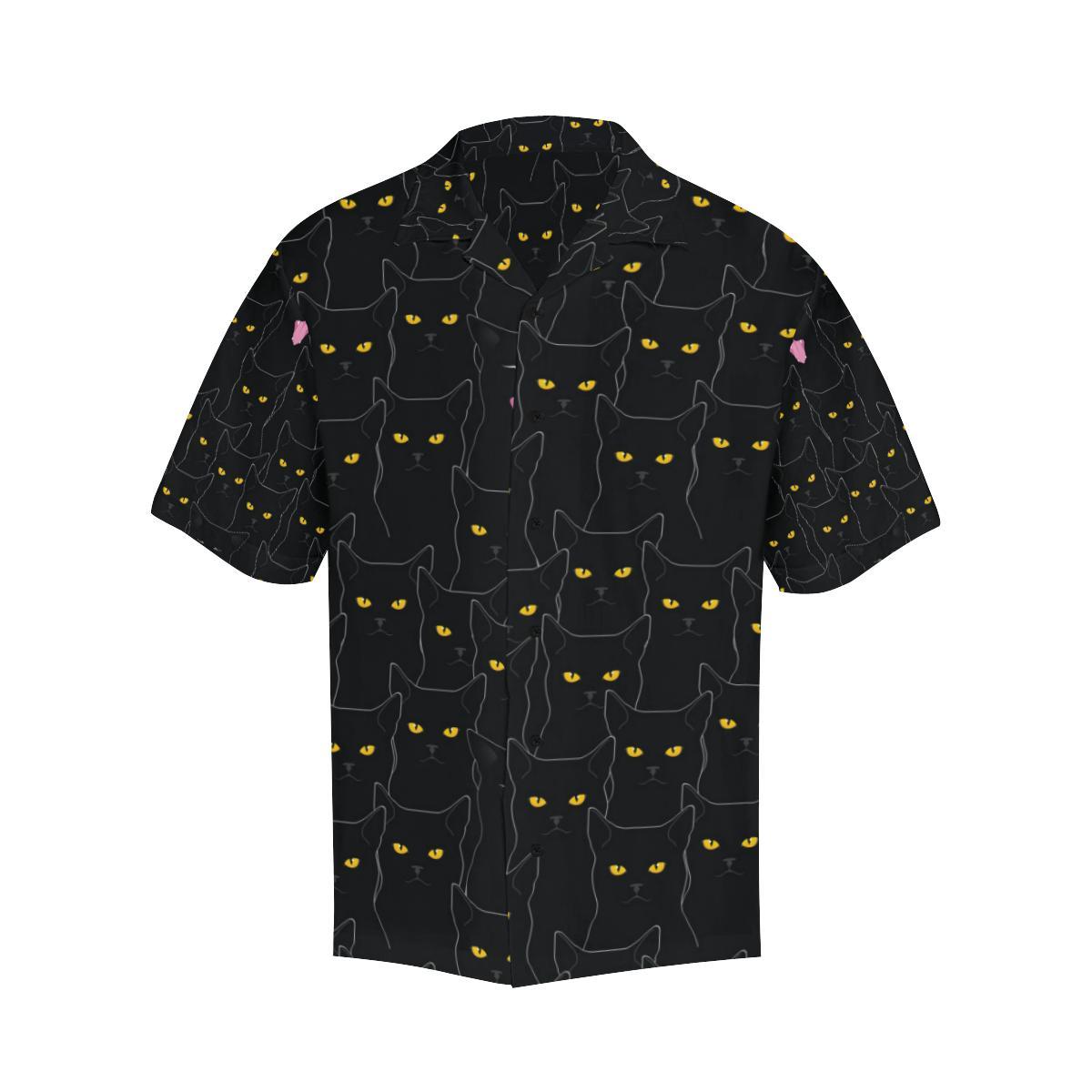 Black Cat Yellow Eyes Print Pattern Men Aloha Hawaiian Shirt