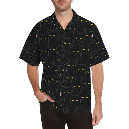 Black Cat Yellow Eyes Print Pattern Men Aloha Hawaiian Shirt