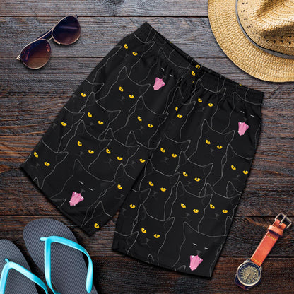 Black Cat Yellow Eyes Print Pattern Mens Shorts-JTAMIGO.COM