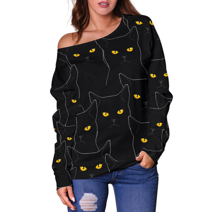 Black Cat Yellow Eyes Print Pattern Off Shoulder Sweatshirt