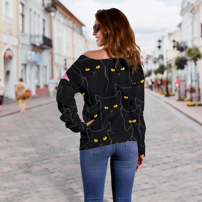 Black Cat Yellow Eyes Print Pattern Off Shoulder Sweatshirt