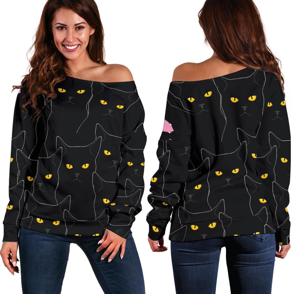 Black Cat Yellow Eyes Print Pattern Off Shoulder Sweatshirt