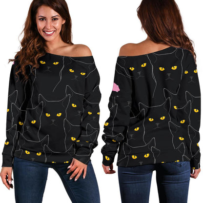 Black Cat Yellow Eyes Print Pattern Off Shoulder Sweatshirt