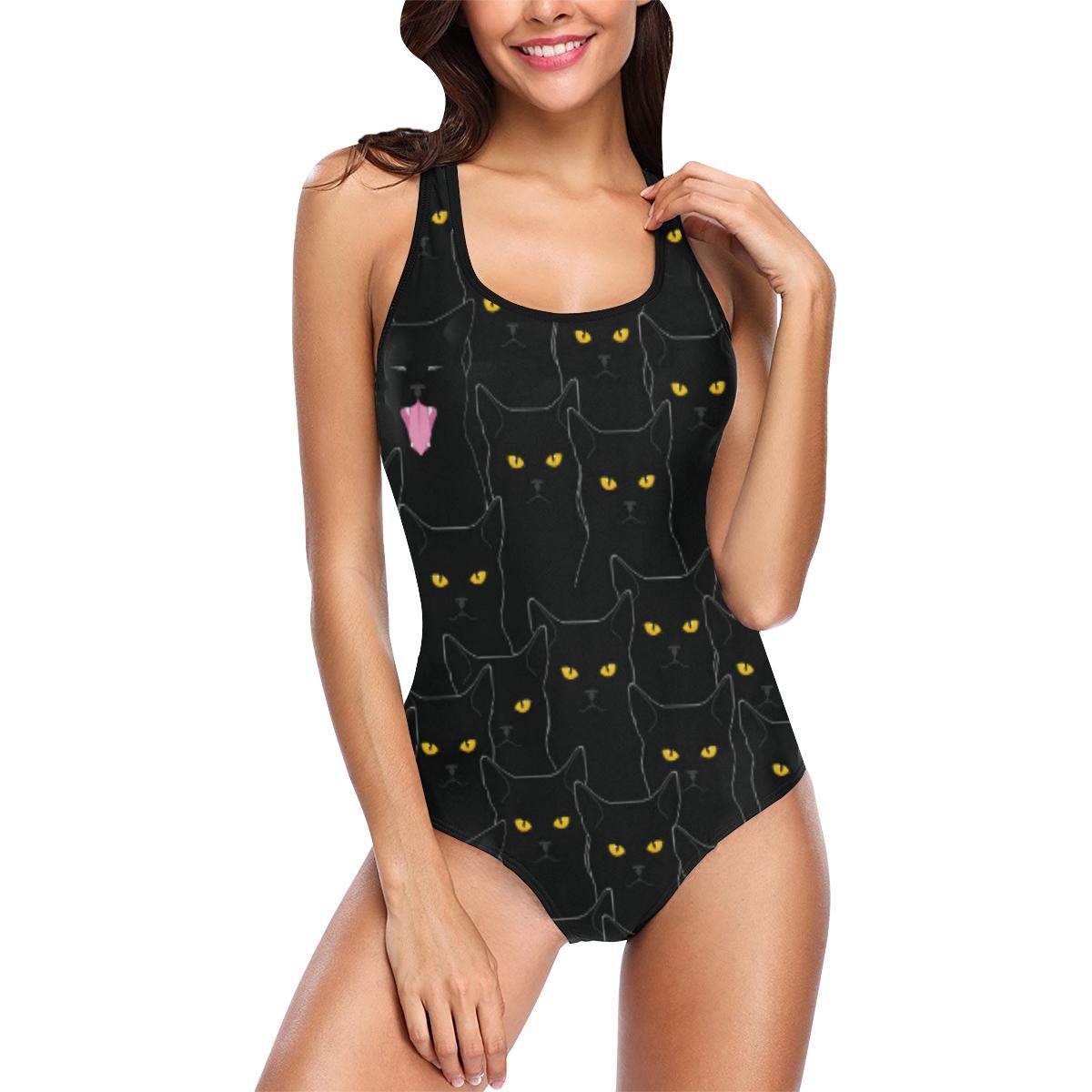 Black Cat Yellow Eyes Print Pattern One Piece Swimsuit-JTAMIGO.COM
