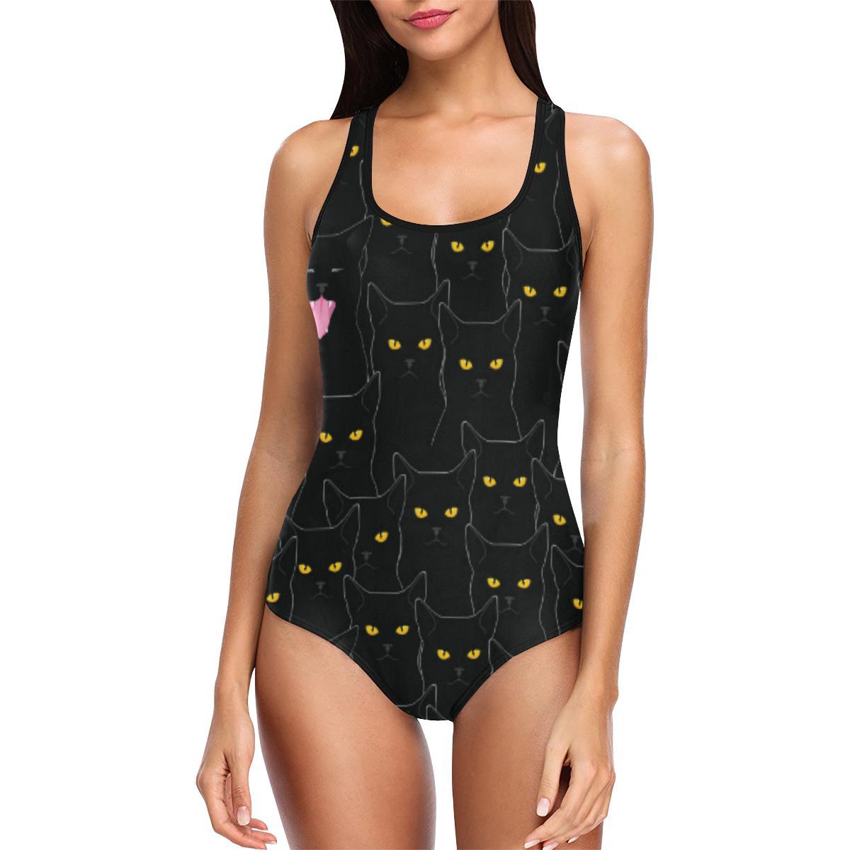 Black Cat Yellow Eyes Print Pattern One Piece Swimsuit-JTAMIGO.COM