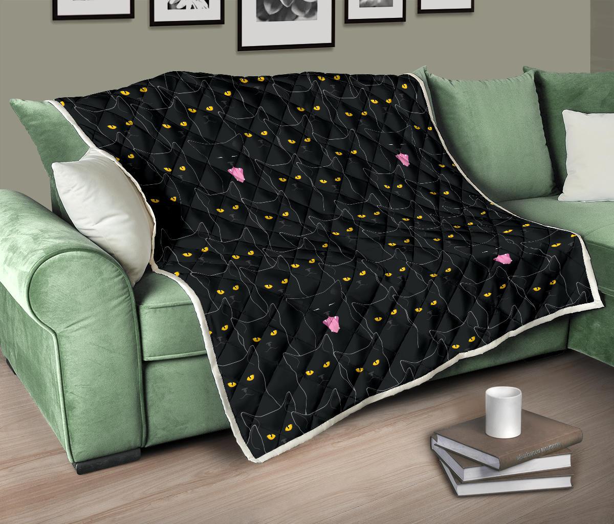 Black Cat Yellow Eyes Print Pattern Premium Quilt-JTAMIGO.COM