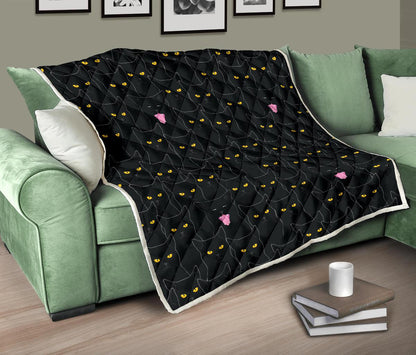 Black Cat Yellow Eyes Print Pattern Premium Quilt-JTAMIGO.COM