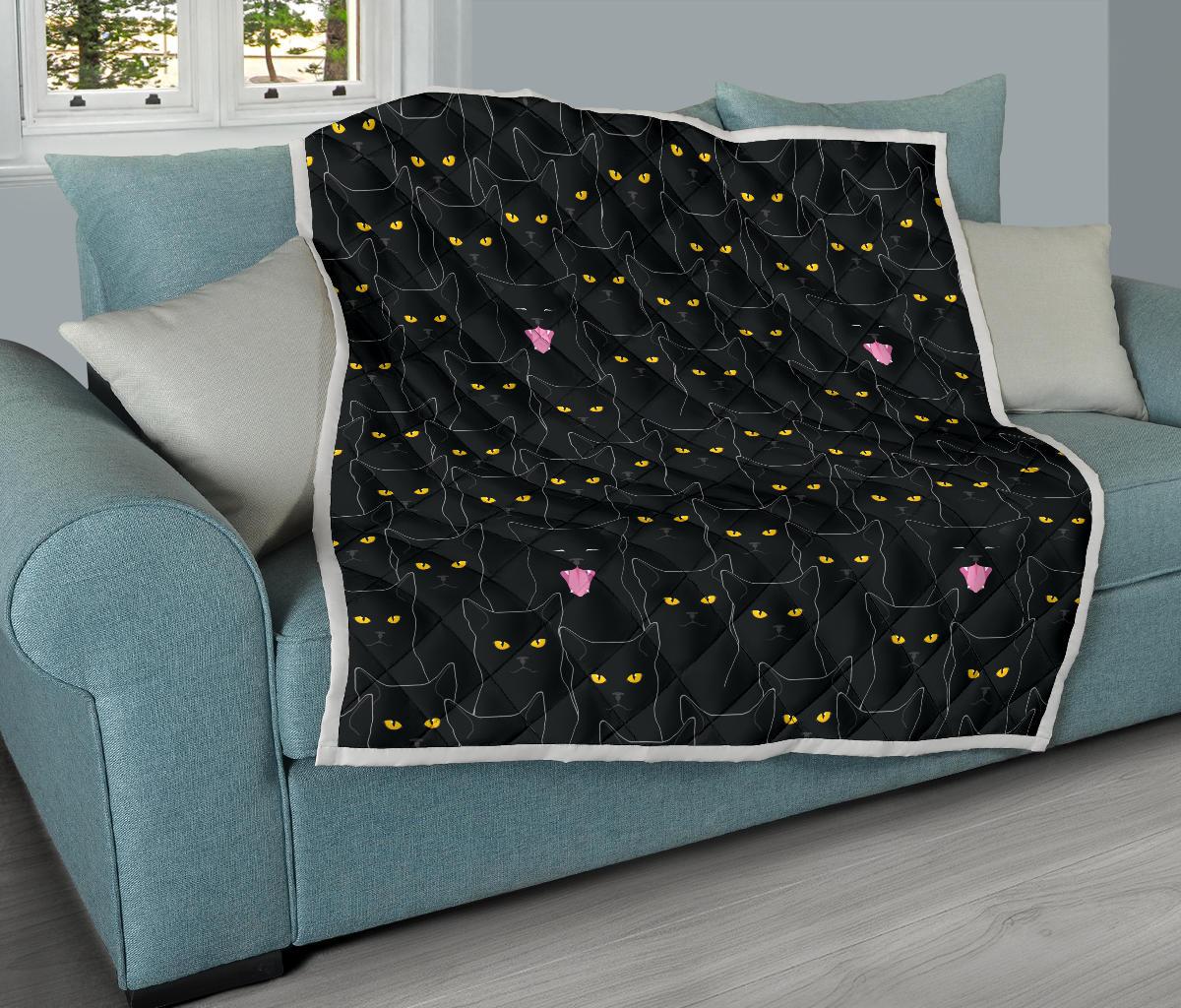 Black Cat Yellow Eyes Print Pattern Premium Quilt-JTAMIGO.COM
