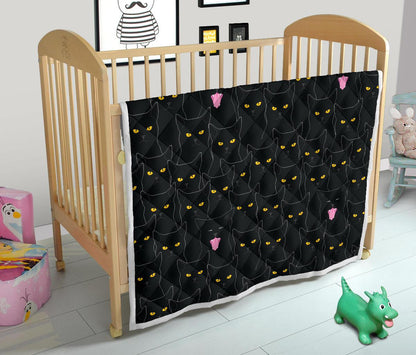 Black Cat Yellow Eyes Print Pattern Premium Quilt-JTAMIGO.COM