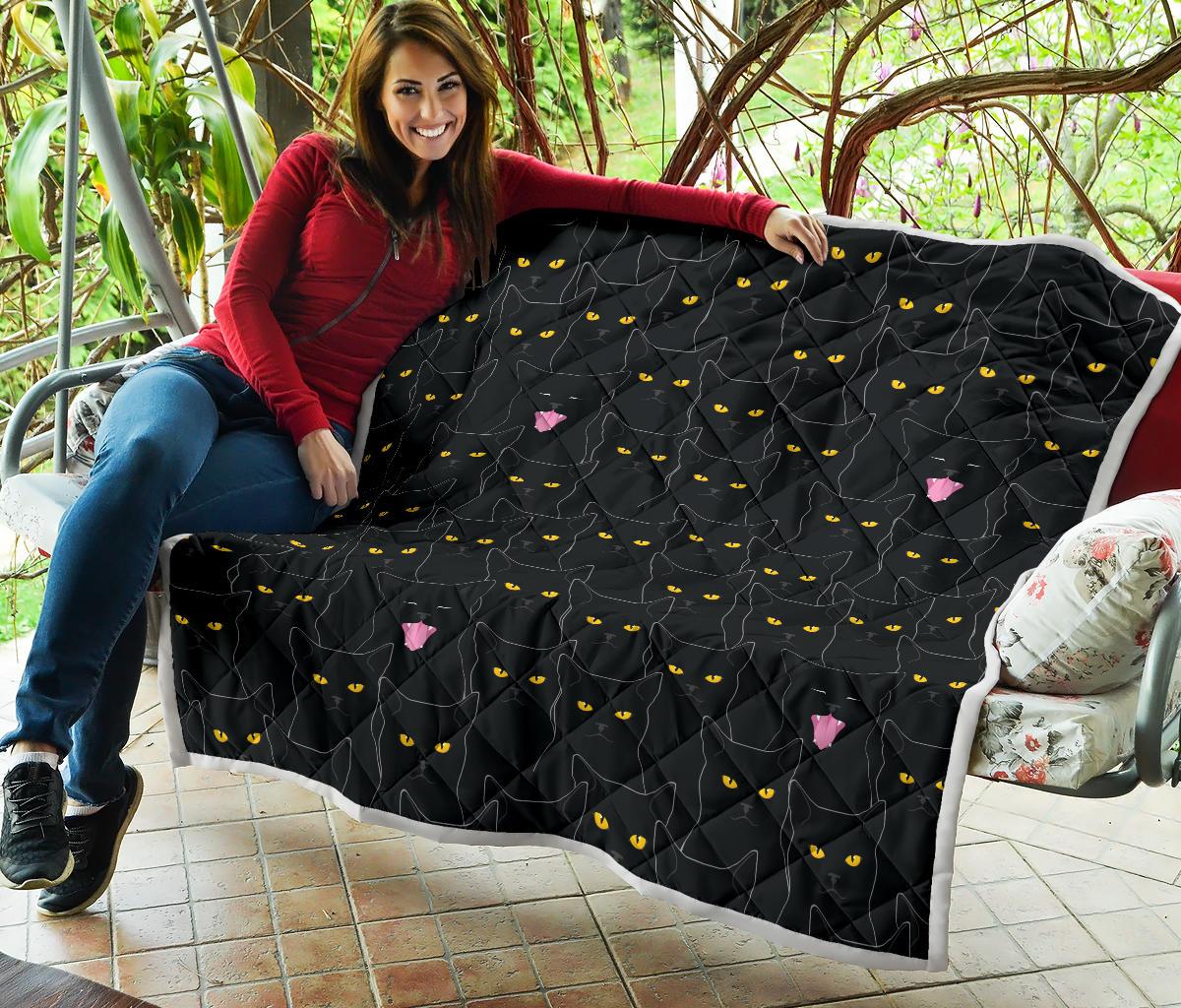 Black Cat Yellow Eyes Print Pattern Premium Quilt-JTAMIGO.COM