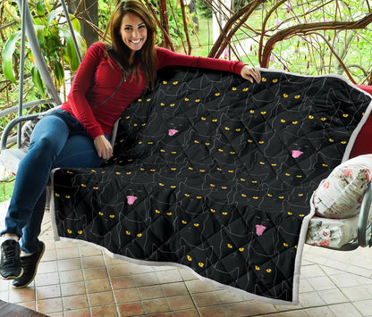 Black Cat Yellow Eyes Print Pattern Premium Quilt-JTAMIGO.COM