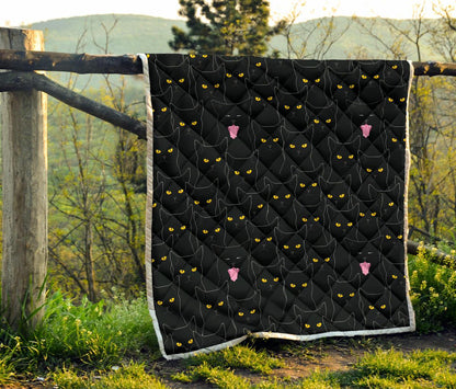Black Cat Yellow Eyes Print Pattern Premium Quilt-JTAMIGO.COM