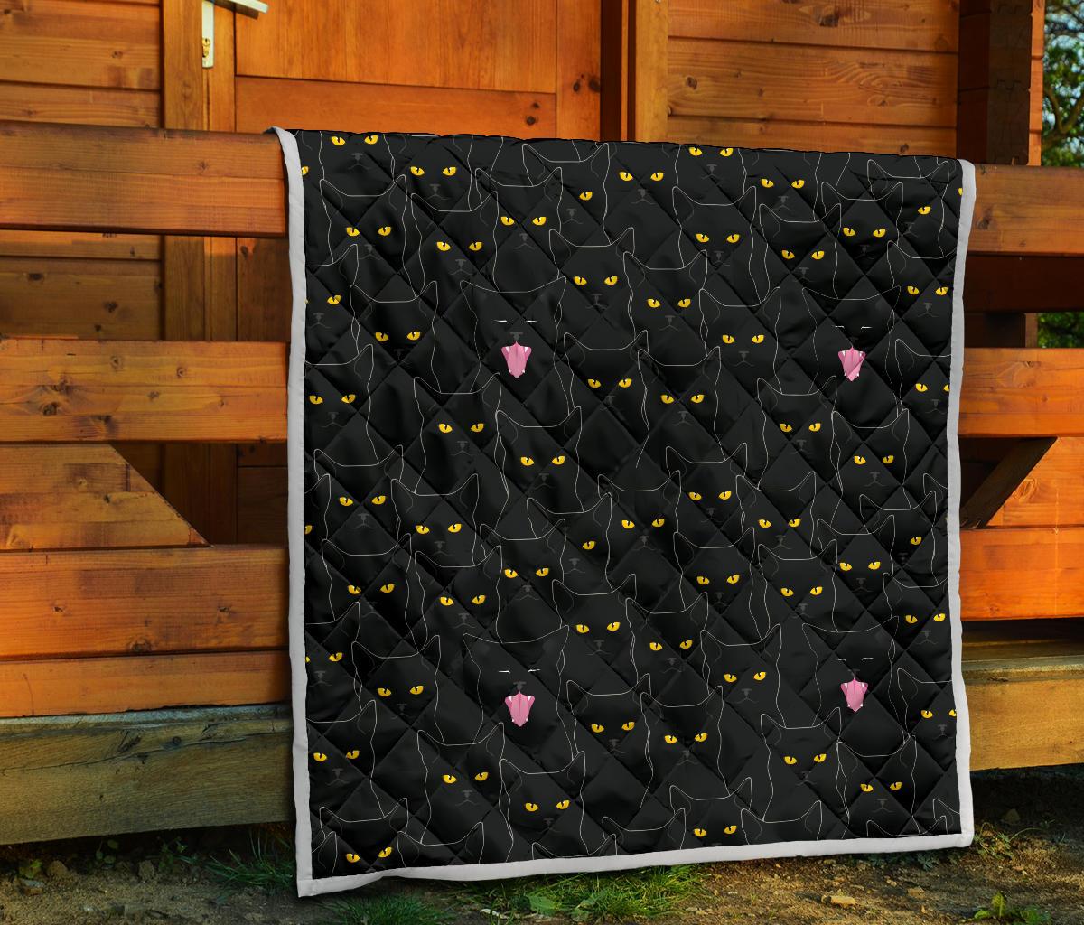 Black Cat Yellow Eyes Print Pattern Premium Quilt-JTAMIGO.COM