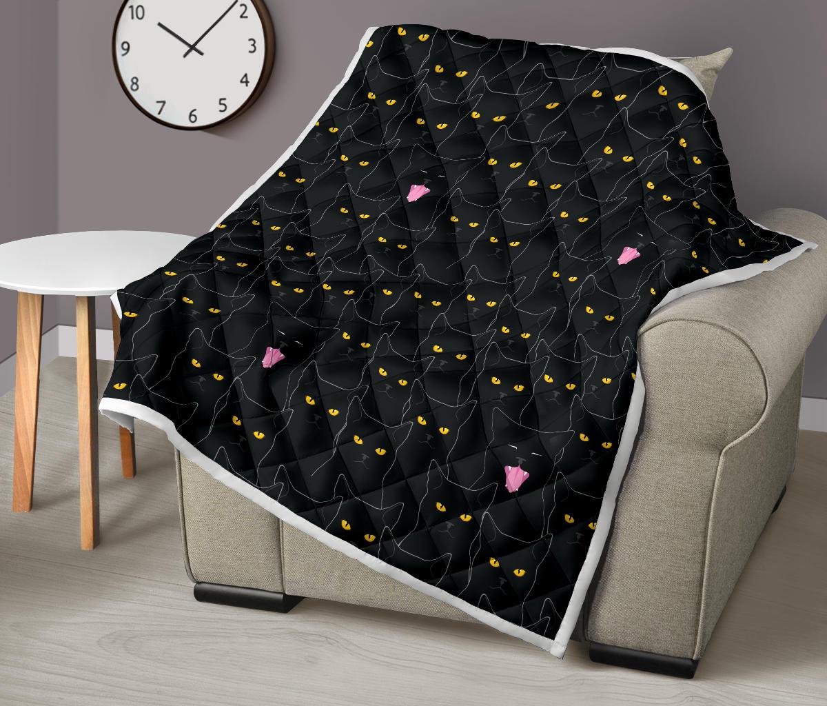 Black Cat Yellow Eyes Print Pattern Premium Quilt-JTAMIGO.COM