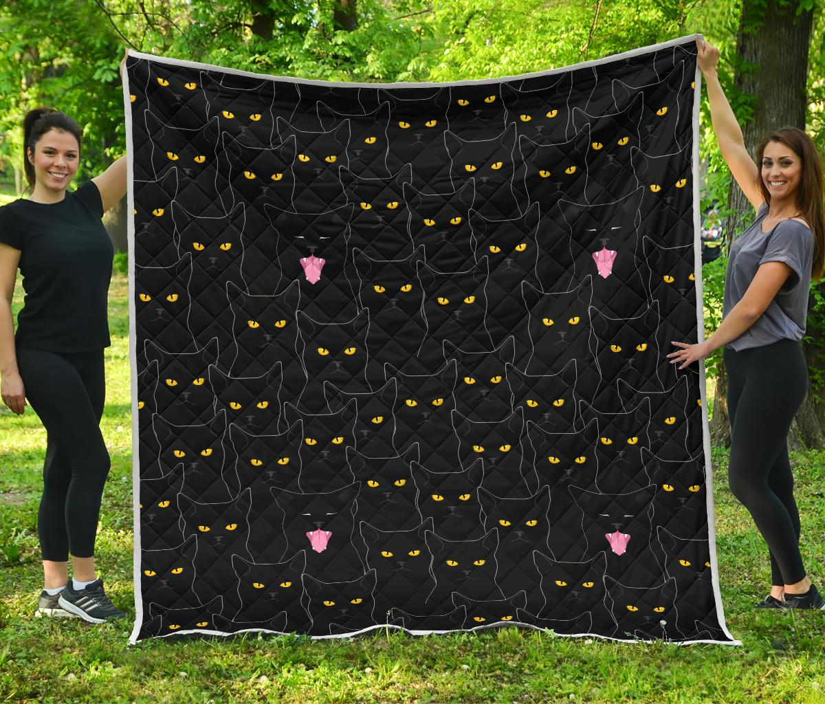Black Cat Yellow Eyes Print Pattern Premium Quilt-JTAMIGO.COM