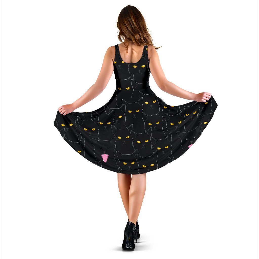 Black Cat Yellow Eyes Print Pattern Sleeveless Dress
